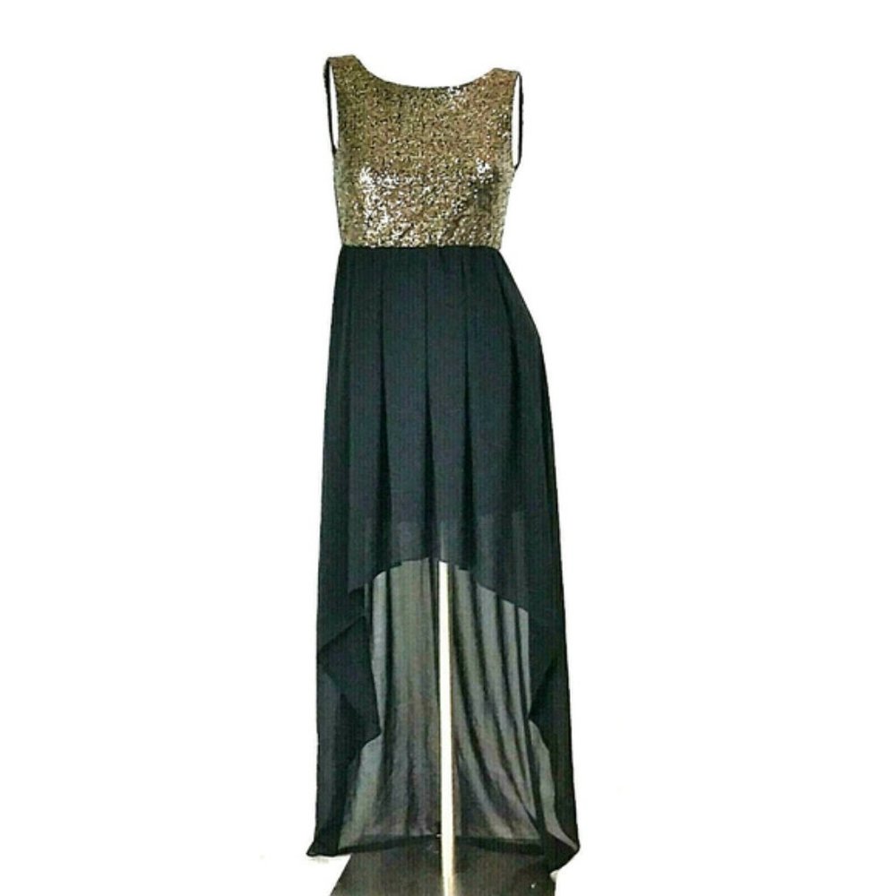 F21 Gold Sequined High Low Sleeveless Maxi Dress